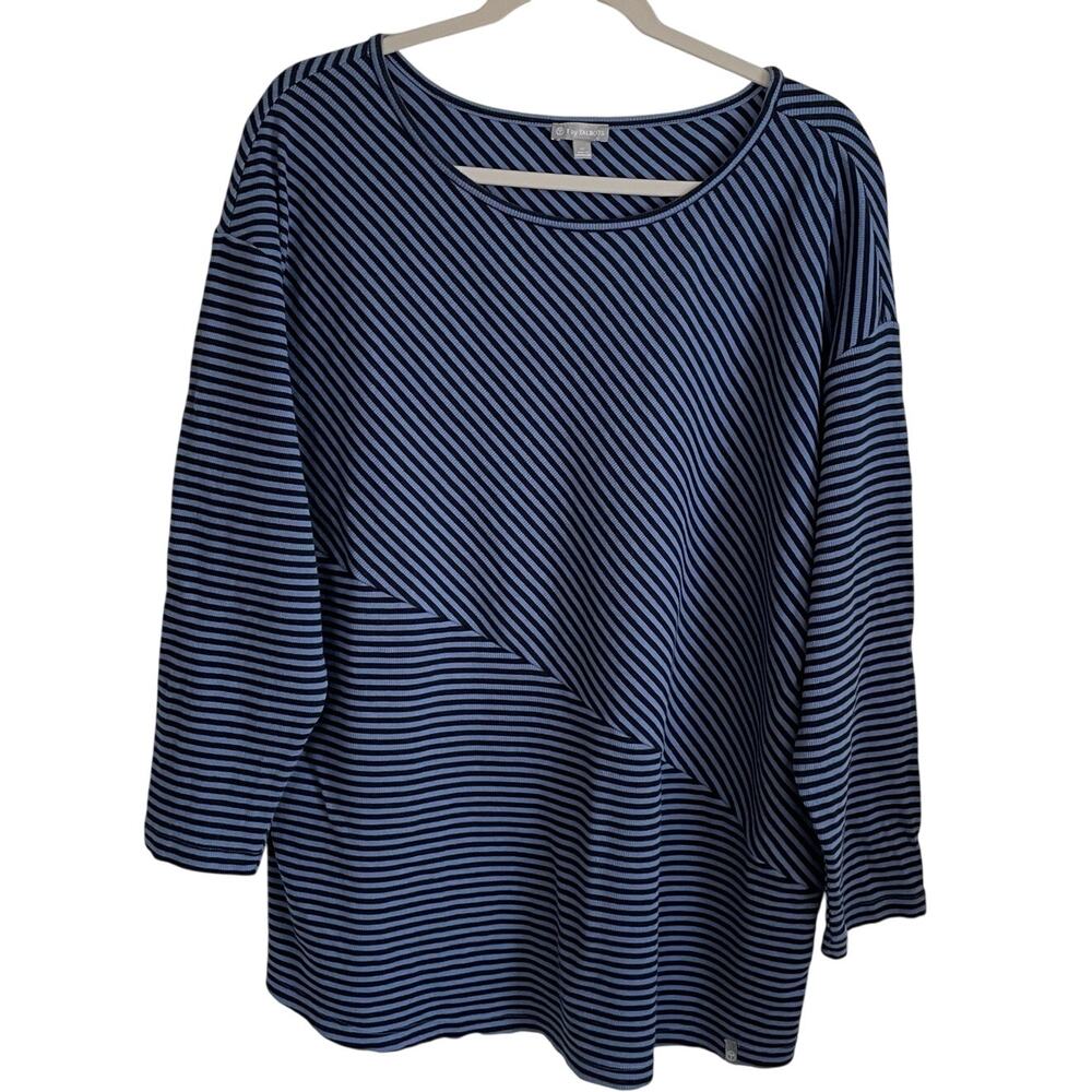 T By Talbots Ribbed Striped Tunic Top Sz 1X Blue Stretch Long Sleeves Casual